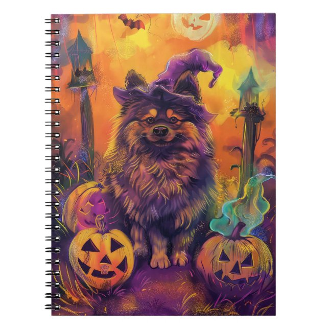 Cuaderno Tocante Perro Keeshond Halloween Bruja Y Calabaza (Frente)