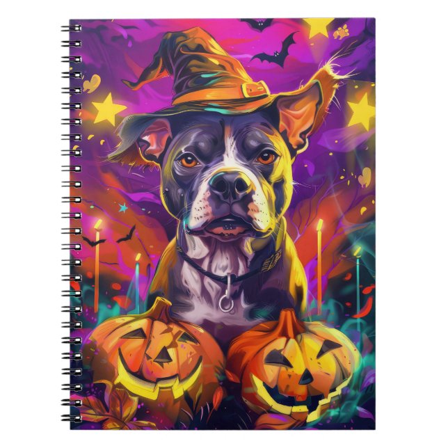 Cuaderno Tocante Perro Pitbull Halloween Bruja Y Calabaza (Frente)