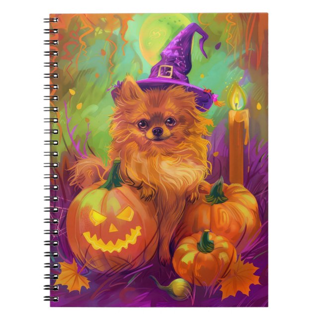 Cuaderno Tocante Perro Pomeraniano Halloween Bruja Y Calaba (Frente)