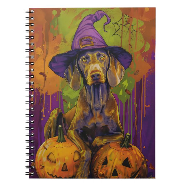 Cuaderno Tocante Weimaraner Perro Halloween Bruja Y Calabaz (Frente)
