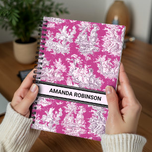 Cuaderno Toile de jouy monograma floral rosa magenta vintag
