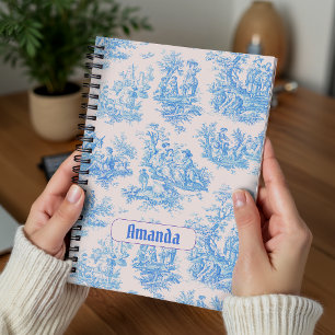 Cuaderno Toile jouy monograma floral azul turquesa vintage