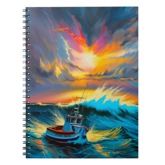 Cuaderno Tormenta Océano Barco Golpeando Olas Coloridas (Frente)
