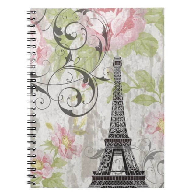 Cuaderno torre Eiffel francesa floral rosada elegante (Frente)