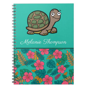 Cuaderno Tortuga Divertida Patrón Floral con Nombre Persona