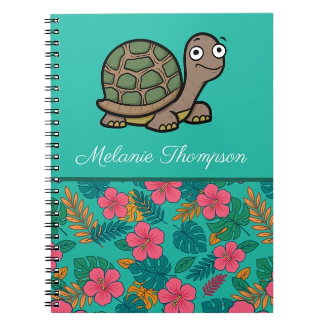 Cuaderno Tortuga Divertida Patrón Floral con Nombre Persona (Frente)