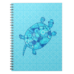 Cuaderno Tortuga giratoria fractal - cobalto y azul turques