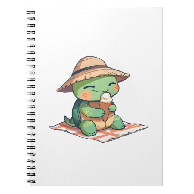 Cuaderno Tortuga Kawaii Chibi con Sombrero de Paja Comiendo (Frente)