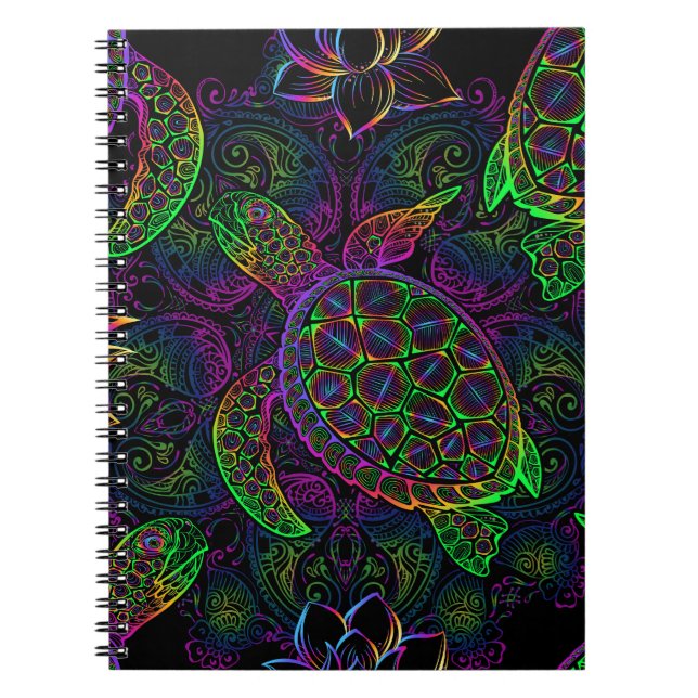 Cuaderno Tortuga marina de Boho: Patrón de Mandala psicodél (Frente)