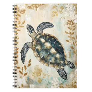 Cuaderno tortuga marina nadando rodeada de patrones florale