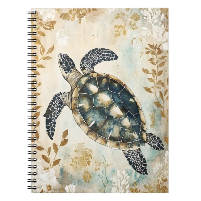 Cuaderno tortuga marina nadando rodeada de patrones florale (Frente)