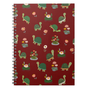 Cuaderno Tortugas y hojas de nenúfar sobre rojo oscuro