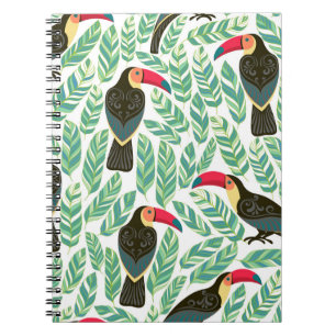 Cuaderno Toucans, hojas tropicales, patrón decorativo.