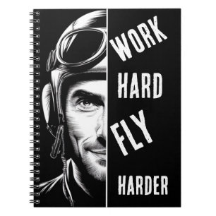 Cuaderno Trabajar duro, volar más duro, piloto, cómico