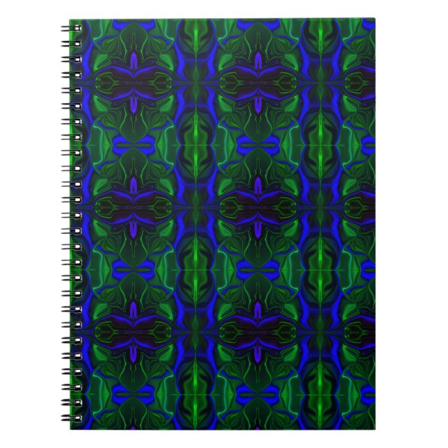 Cuaderno Traços azuis 'flutuando' sobre fundo verde. (Frente)