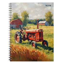 Cuaderno Tractor Rojo Vintage Granja Monograma Rústico Retr
