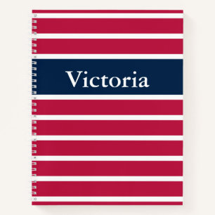 Cuaderno Tradicional rojo blanco y azul rayado con nombre