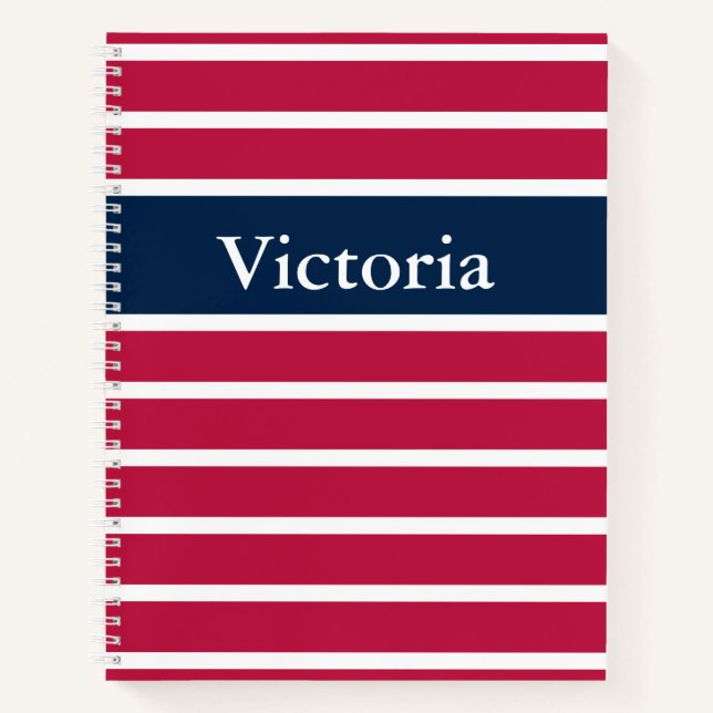 Cuaderno Tradicional rojo blanco y azul rayado con nombre (Anverso)