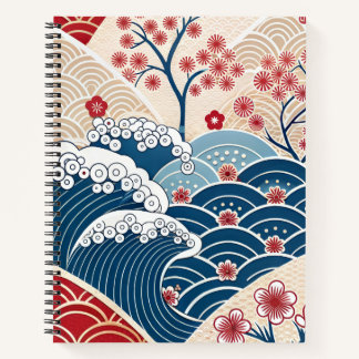 Cuaderno Traditional Red Blue Japanese Wave Sakura Pattern