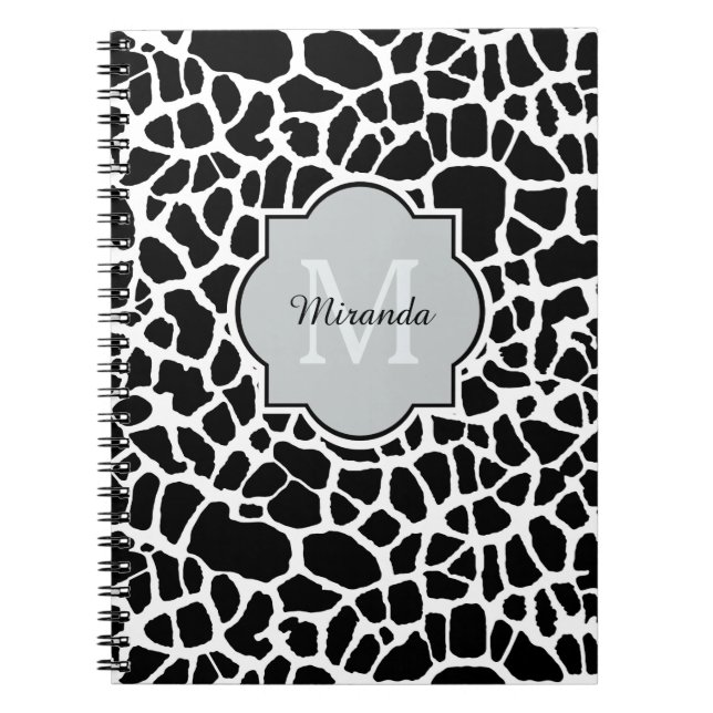 Cuaderno Trendy Black White Giraffe Print Monogrammed Name (Frente)