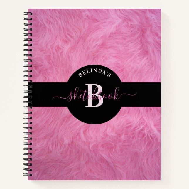 Cuaderno Trendy Faux Pink Fur Girly Monograma Sketchbook (Anverso)
