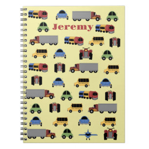Cuaderno Trenes, llanuras y automóviles niños monogramas