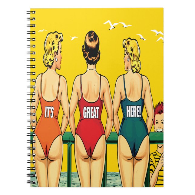 Cuaderno Tres chicas de bikini desde atrás con texto divert (Frente)