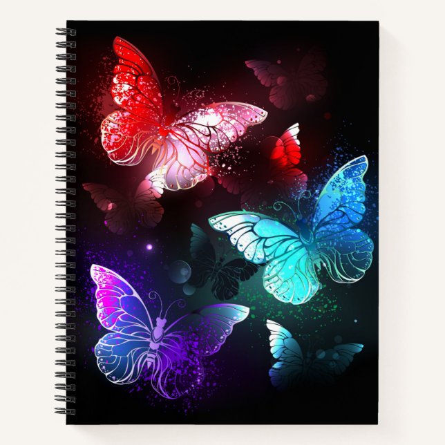 Cuaderno Tres mariposas brillantes en el fondo nocturno (Anverso)