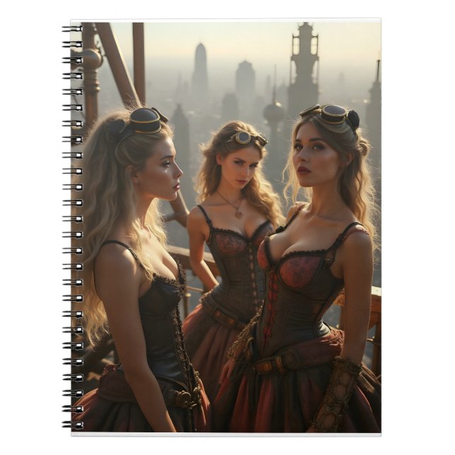 Cuaderno Tres mujeres de Steampunk sobre una ciudad victori (Frente)