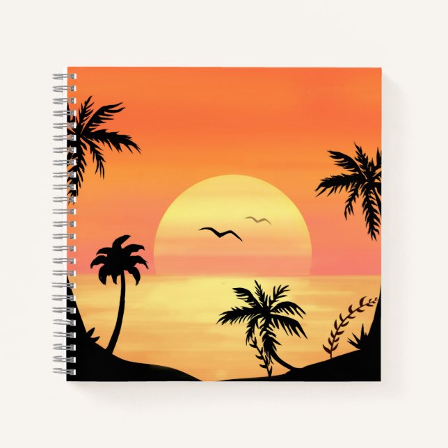 Cuaderno Tropical Beach Sunset Palm Tree Silhouette Art (Anverso)