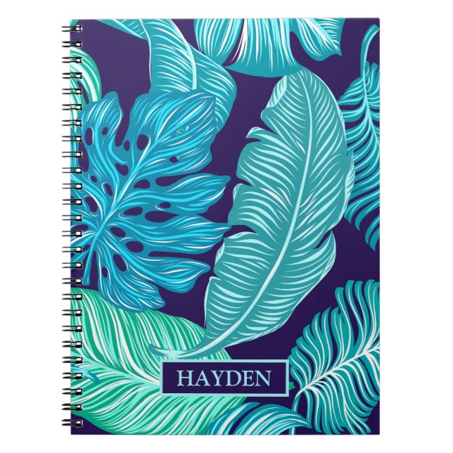Cuaderno Tropical Green Blue Leaves Pattern Personalised (Frente)