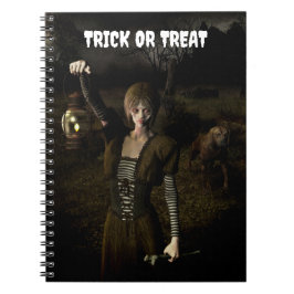Cuaderno Truco o trato. Mujer delgada llevando lámpara