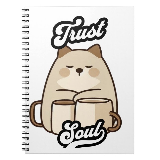 Cuaderno Trust Soul – Gato Kawaii y Tazas Zen (Frente)