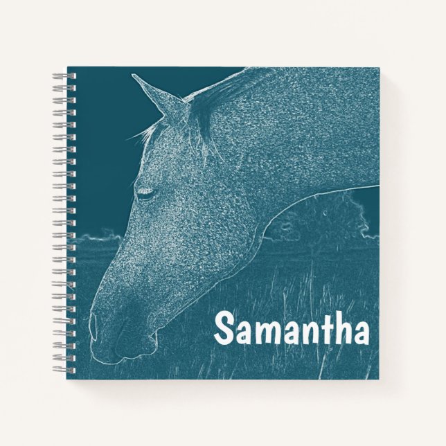Cuaderno Tu nombre Caballo moderno Blanco sobre Verde azula (Anverso)