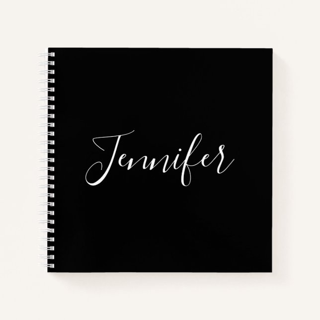 Cuaderno Tu nombre | Elegante guión blanco sobre negro (Anverso)