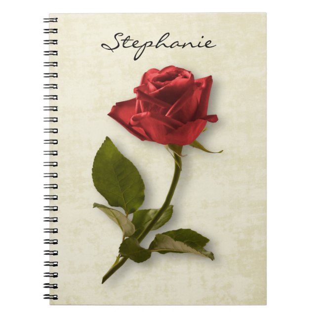 Cuaderno Tu nombre | Fotografía Floral de Rosa Roja y Stem (Frente)