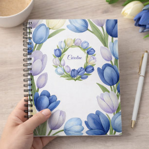 Cuaderno Tulipán Floral Elegante Acuarela Azul para Ella