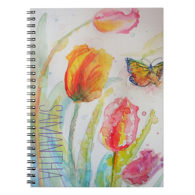 Cuaderno Tulipán rosa Tulipanes Floral acuarela mujeres nom (Frente)