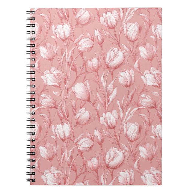 Cuaderno Tulipán suave rosa Patrón floral blanco (Frente)