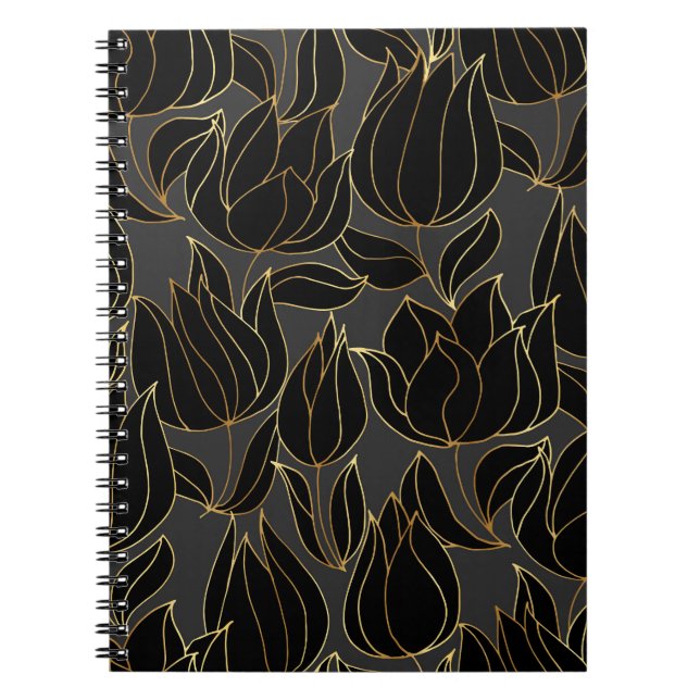 Cuaderno Tulipanes de oro negro: patrón floral de lujo (Frente)