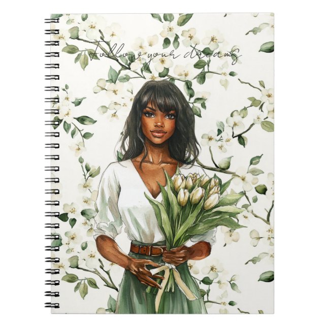 Cuaderno Tulipanes Flores Blancas Mujer Negra (Frente)