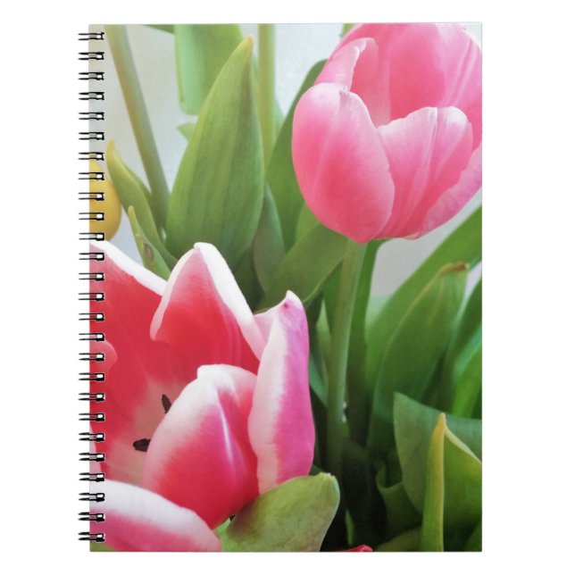 Cuaderno Tulipanes rosados, ramo floral de la primavera, (Frente)