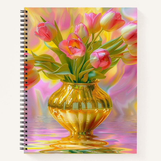 Cuaderno Tulipanes rosados vibrantes en jarrón dorado (Anverso)