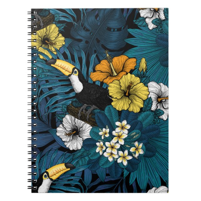 Cuaderno Turcanos y flora tropical, azul , amarillo , naran (Frente)