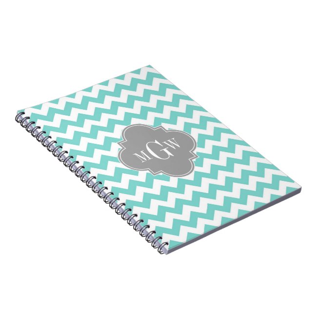 Cuaderno Turq / Aqua Whats Chevron Gris 3 Monograma Inicial (Lado Derecho)