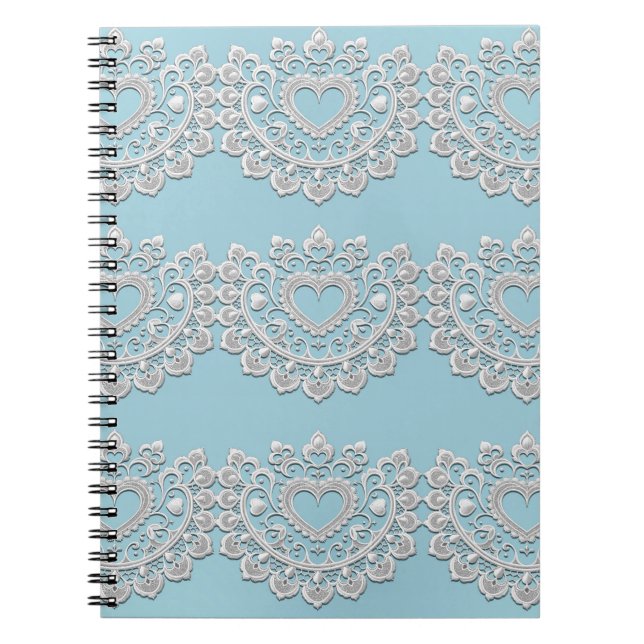 Cuaderno Turquesa Azul Blanco Encaje Corazón Boda Novia (Frente)