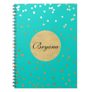 Cuaderno Turquesa Azul y Dorado Brillante Confeti Puntos Mo