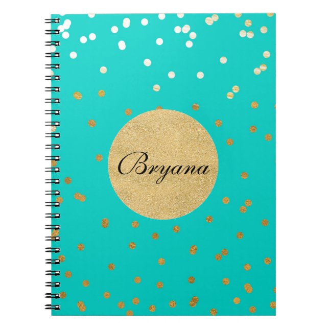 Cuaderno Turquesa Azul y Dorado Confeti Brillante Puntos Mo (Frente)