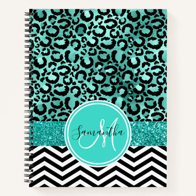 Cuaderno Turquesa Estampado Monograma de Leopardo con Brill (Anverso)