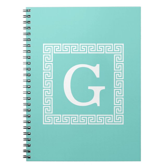 Cuaderno Turquesa Marco de Llave Griega Blanco #1 Monograma (Frente)